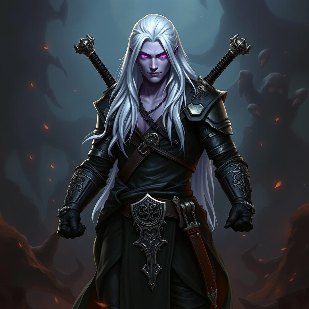 A 35-year-old male Shadar-Kai Hexblade Warlock, showcasing a strong and masculine presence