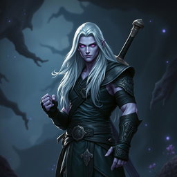 A 35-year-old male Shadar-Kai Hexblade Warlock, showcasing a strong and masculine presence