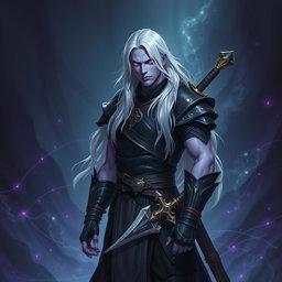 A 35-year-old male Shadar-Kai Hexblade Warlock, showcasing a strong and masculine presence