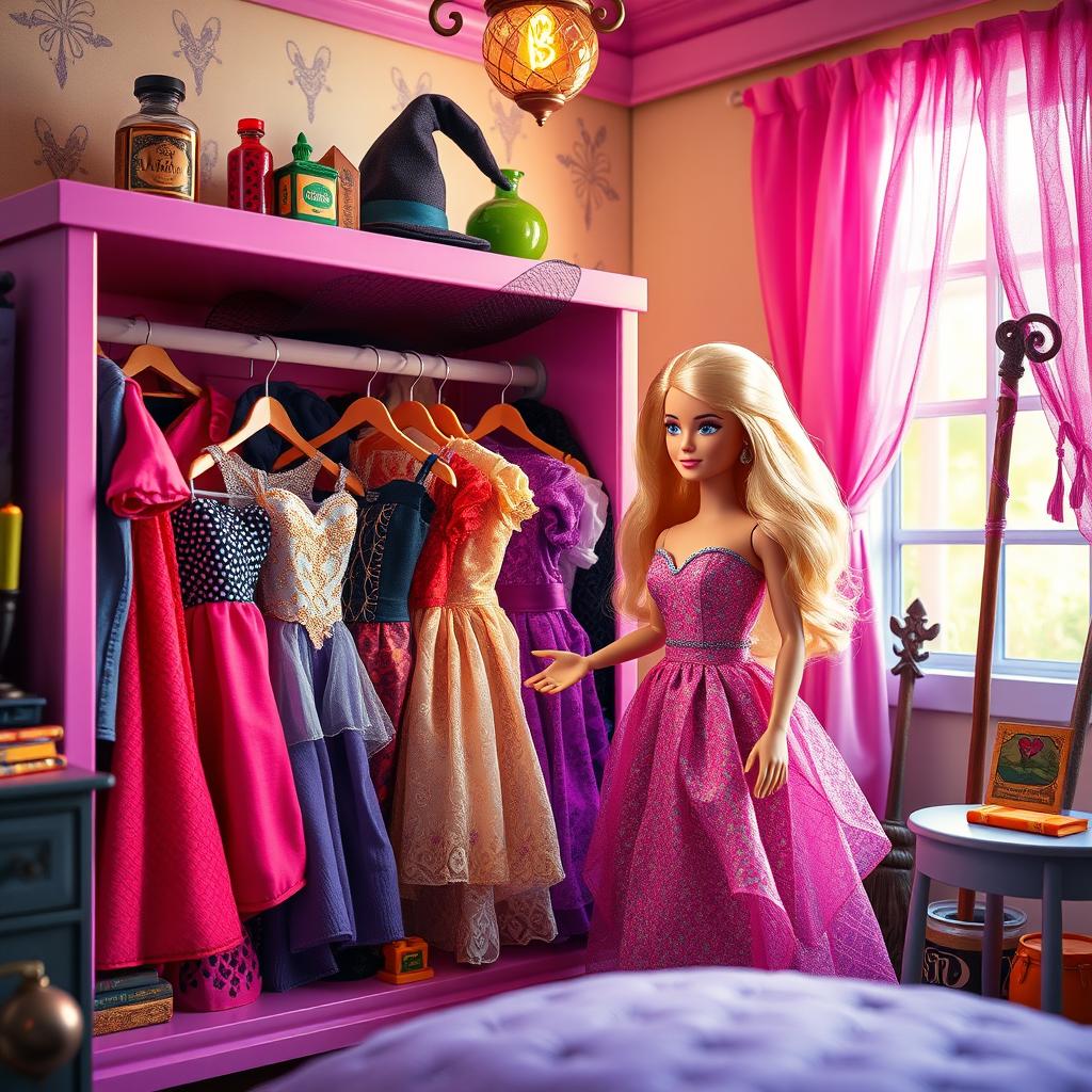 A vibrant and whimsical scene depicting a Barbie doll in her Witch-themed bedroom