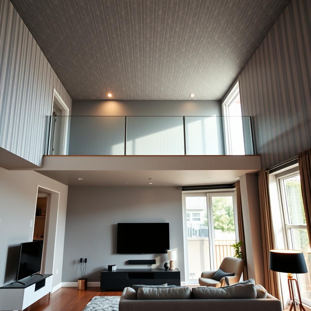 A modern apartment featuring a stylish loft design with a unique ceiling in the upper level