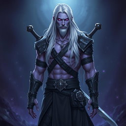 A 35-year-old male Shadar-Kai Hexblade Warlock, exuding strength and masculinity