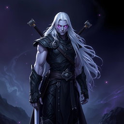 A 35-year-old male Shadar-Kai Hexblade Warlock, exuding strength and masculinity