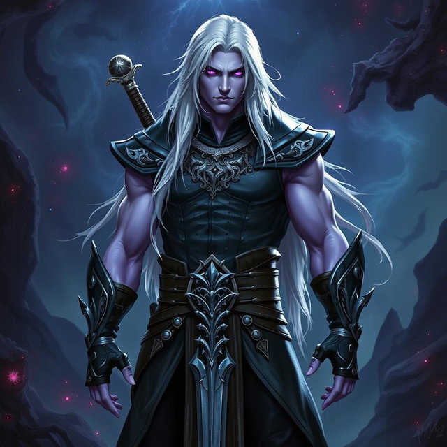 A 35-year-old male Shadar-Kai Hexblade Warlock, exuding strength and masculinity