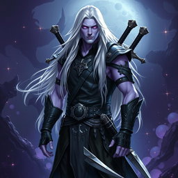 A 35-year-old male Shadar-Kai Hexblade Warlock, exuding strength and masculinity