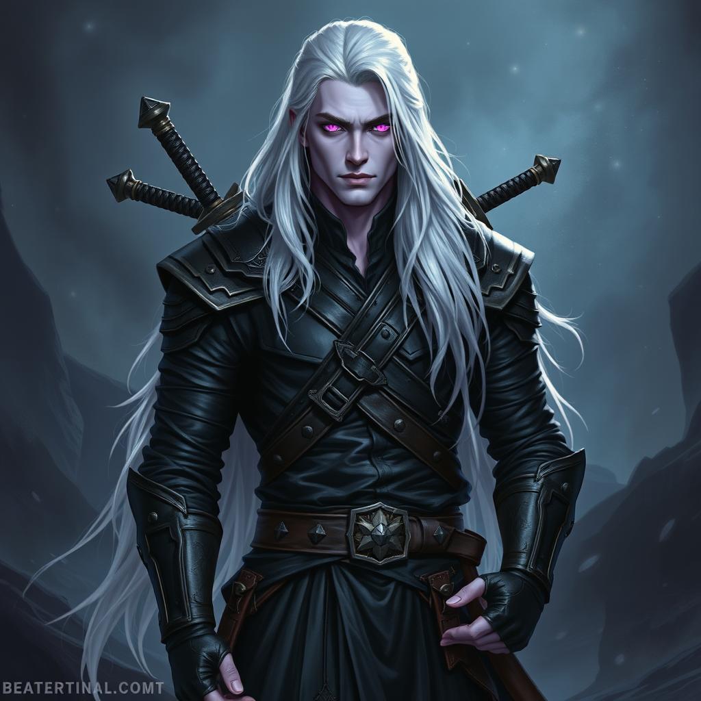 A striking 35-year-old male Shadar-Kai Hexblade Warlock exuding an air of masculine confidence