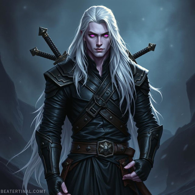 A striking 35-year-old male Shadar-Kai Hexblade Warlock exuding an air of masculine confidence