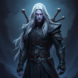 A striking 35-year-old male Shadar-Kai Hexblade Warlock exuding an air of masculine confidence