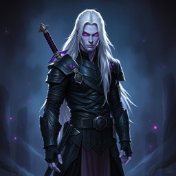 A striking 35-year-old male Shadar-Kai Hexblade Warlock exuding an air of masculine confidence