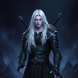 A striking 35-year-old male Shadar-Kai Hexblade Warlock exuding an air of masculine confidence