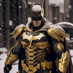 A cinema-quality, dramatically lit photograph of a model-esque, slightly skinnier gold-plated Batman in a detailed mecha suit standing imposingly in serene, falling snow.