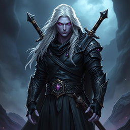 A 35-year-old male Shadar-Kai Hexblade Warlock, embodying a powerful and masculine aura