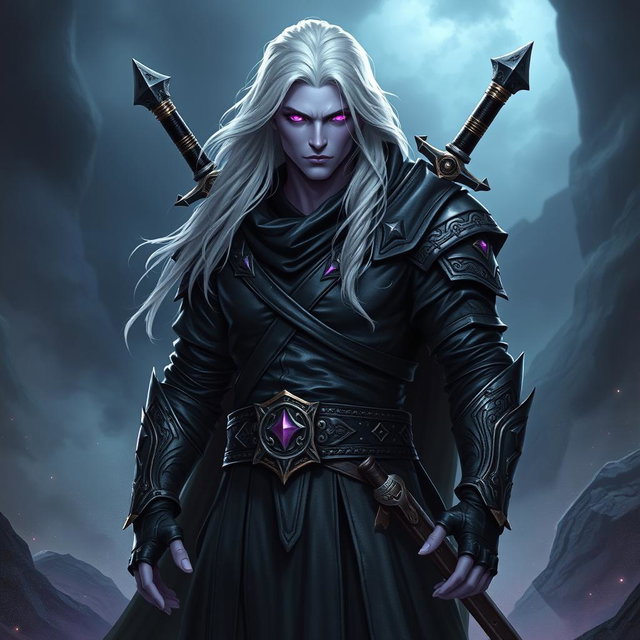 A 35-year-old male Shadar-Kai Hexblade Warlock, embodying a powerful and masculine aura