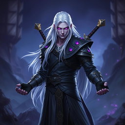 A 35-year-old male Shadar-Kai Hexblade Warlock, embodying a powerful and masculine aura