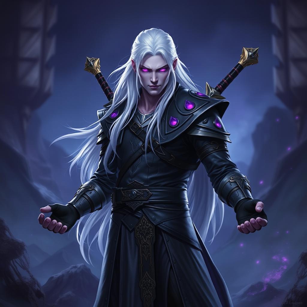 A 35-year-old male Shadar-Kai Hexblade Warlock, embodying a powerful and masculine aura