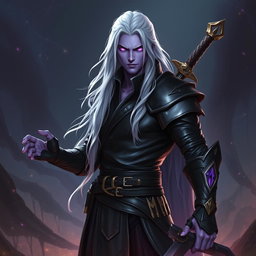 A 35-year-old male Shadar-Kai Hexblade Warlock, embodying a powerful and masculine aura