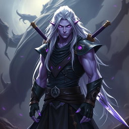 A 35-year-old male Shadar-Kai Hexblade Warlock, embodying a powerful and masculine aura