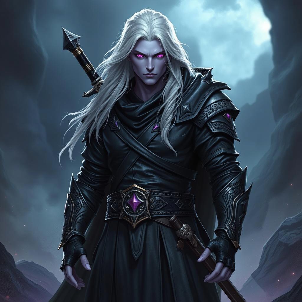A powerful Shadar-Kai Hexblade Warlock standing confidently, exuding an air of mystery and strength