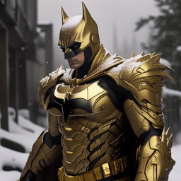 An award-winning, cinema-quality photograph featuring outstanding lighting. It portrays a model-esque, slender, gold-plated Batman in an intricate mecha suit, standing imposingly in a serene, snowfall scene