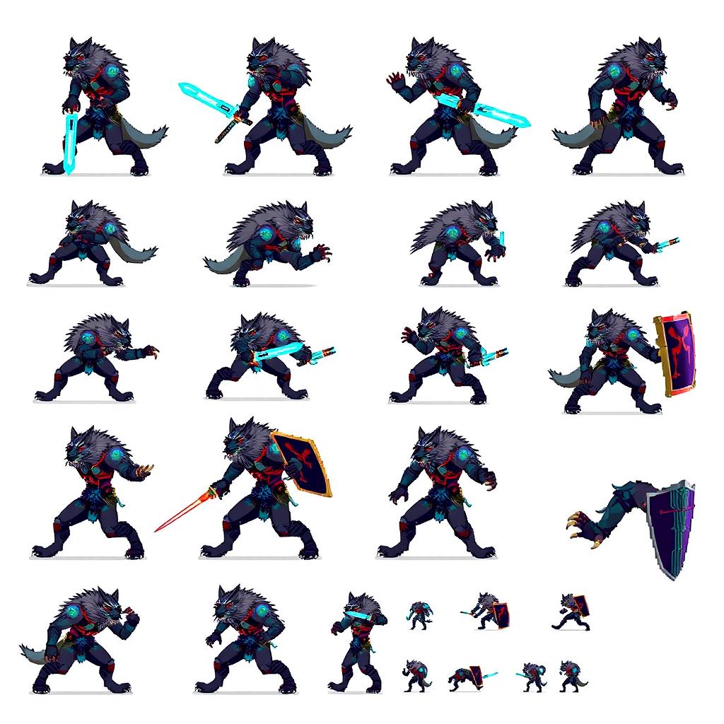A 64x64 pixel art sprite sheet of a werewolf in futuristic armor, featuring a total of 24 poses organized into rows on a transparent background