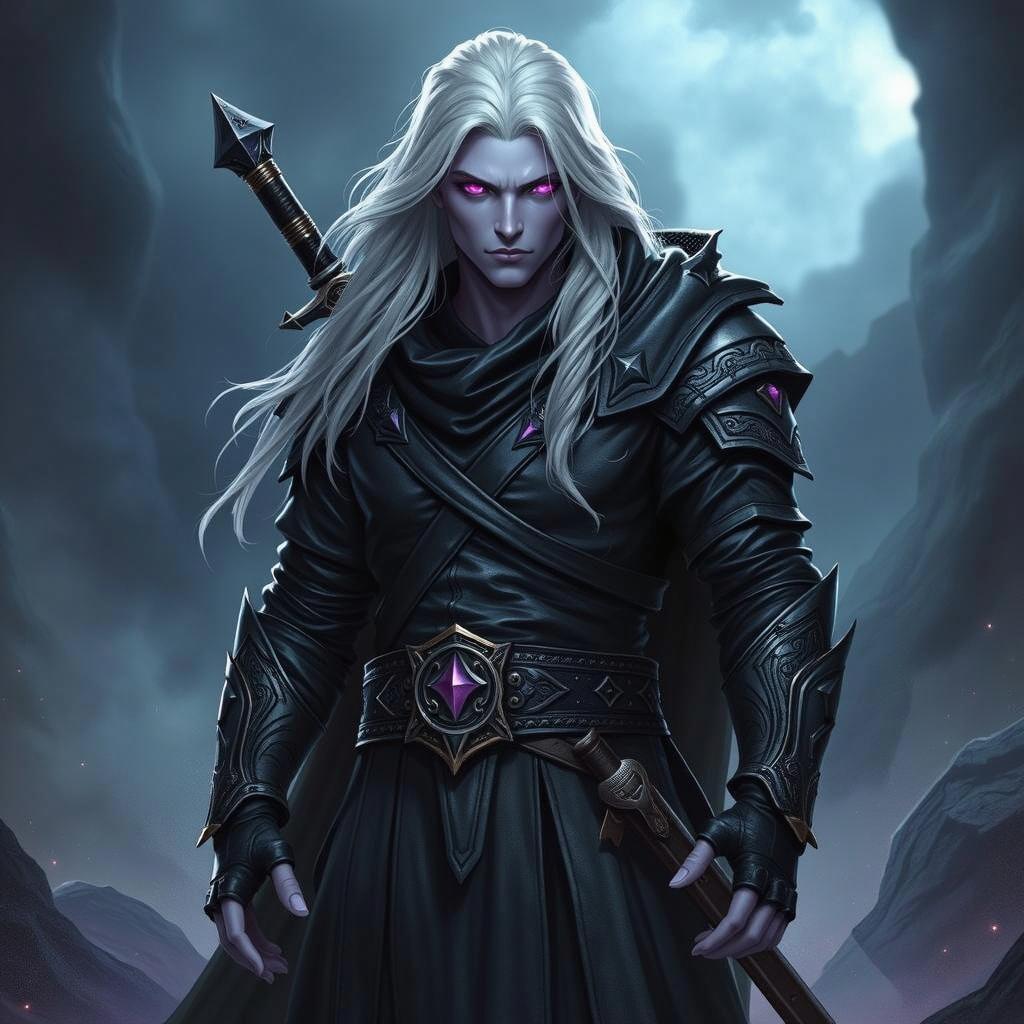 A powerful male character standing confidently, showcasing long white hair and glowing purple eyes