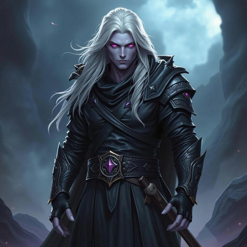 A powerful Shadar-Kai Hexblade Warlock standing confidently, exuding an air of mystery and strength