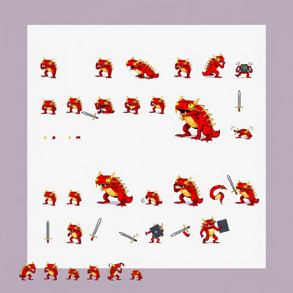 A 64x64 pixel art sprite sheet of a red demonic frog featuring bone-like spikes around its body, sharp fangs in its mouth, and glowing yellow eyes