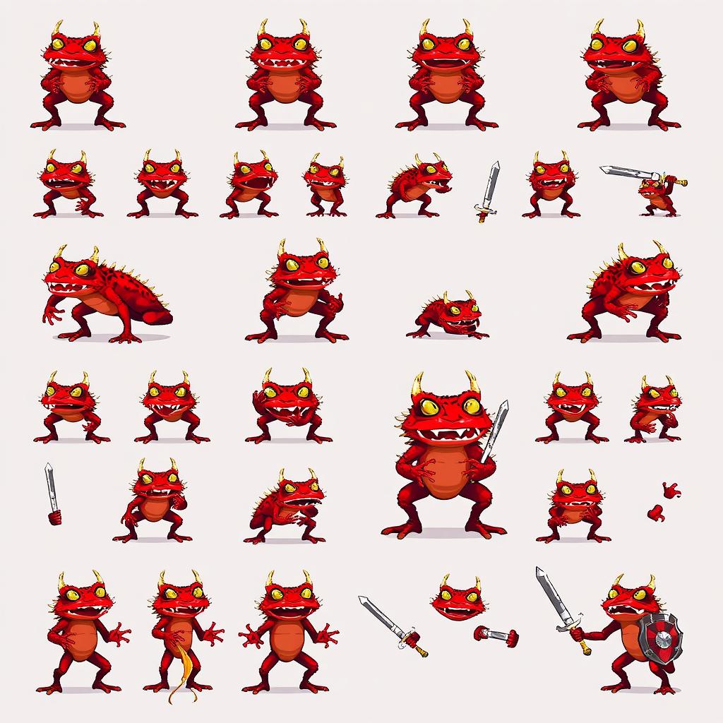 A 64x64 pixel art sprite sheet of a red demonic frog with bone-like spikes around its body, sharp fangs in its mouth, and glowing yellow eyes