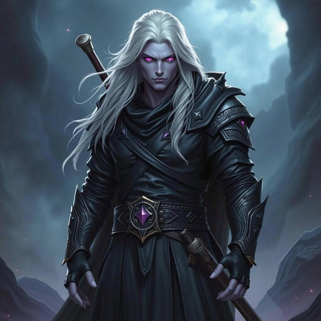 A powerful Shadar-Kai Hexblade Warlock standing tall, radiating strength and mystery