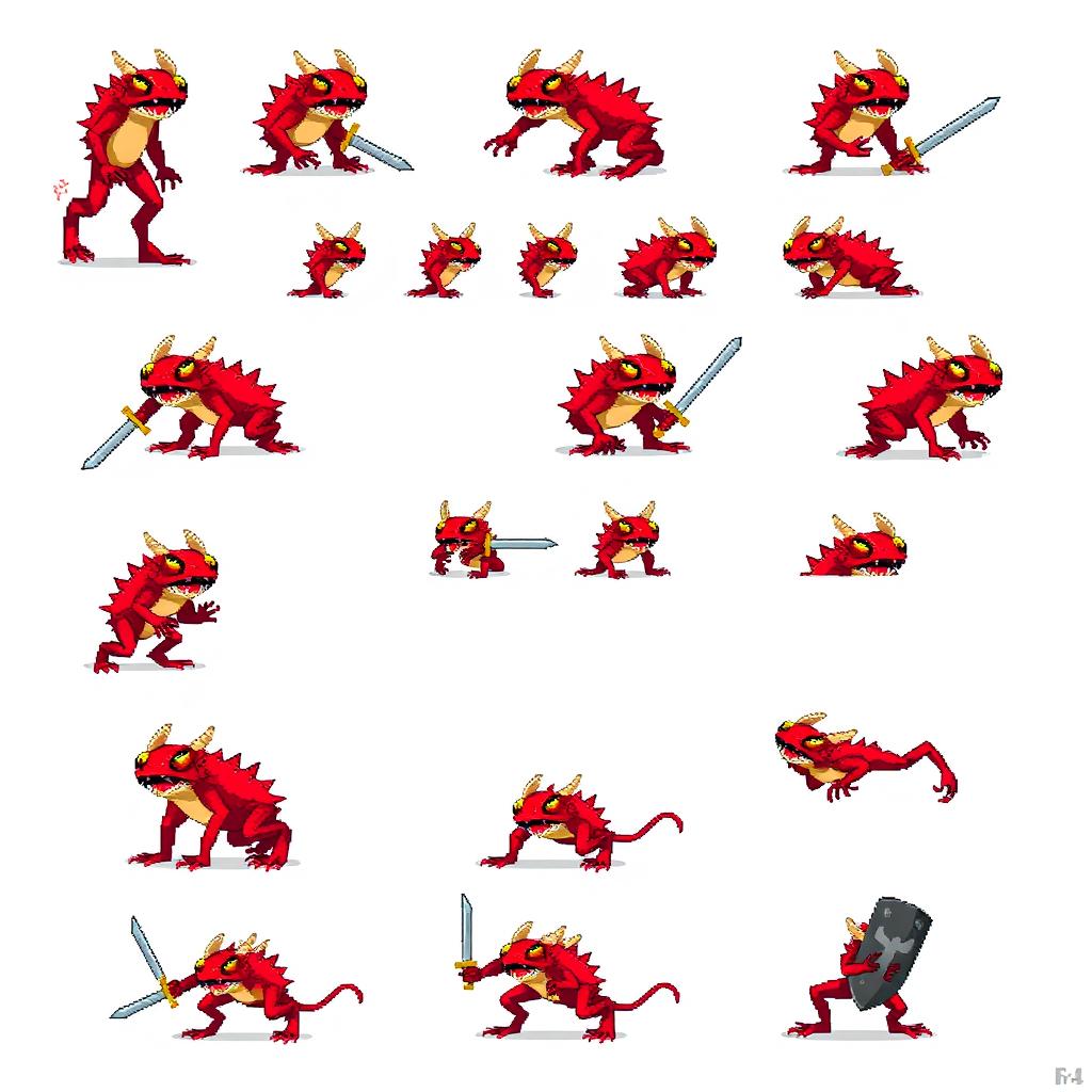 A 64x64 pixel art sprite sheet of a red demonic frog, featuring bone-like spikes surrounding its body, sharp fangs in its mouth, and glowing yellow eyes