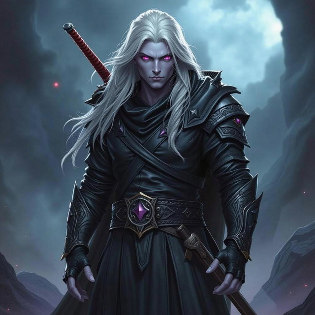 A powerful male Shadar-Kai Hexblade Warlock standing confidently, exuding an air of mystery and strength