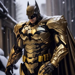 An award-winning, cinema-quality photograph featuring outstanding lighting. It portrays a model-esque, slender, gold-plated Batman in an intricate mecha suit, standing imposingly in a serene, snowfall scene