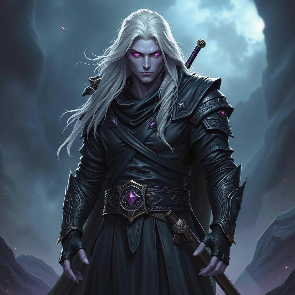 A powerful Shadar-Kai Hexblade Warlock reminiscent of a character from a fantasy series, standing confidently with a striking presence