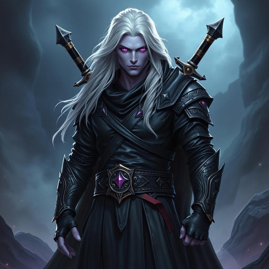 A powerful male character with long white hair and glowing purple eyes, standing confidently in a dark, mystical landscape
