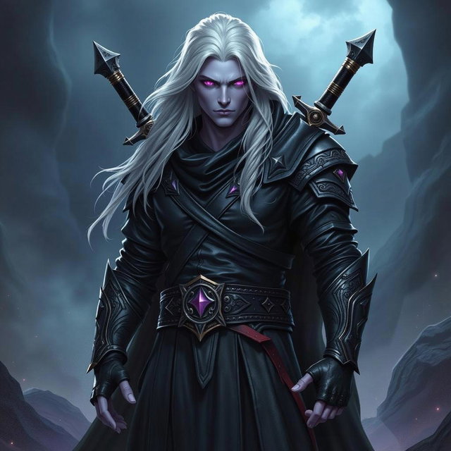 A commanding Shadar-Kai Hexblade Warlock stands confidently, his long white hair flowing dramatically