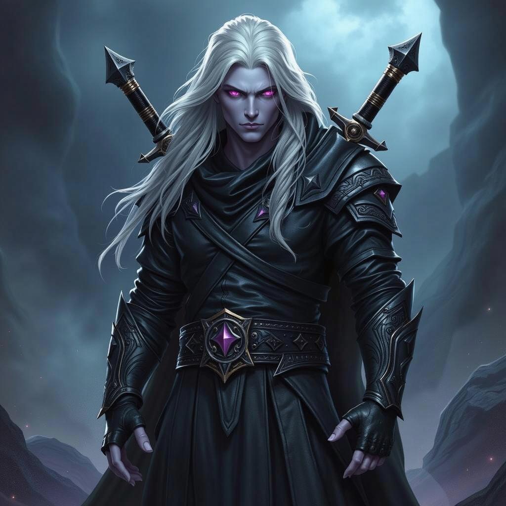 A striking portrayal of a Shadar-Kai Hexblade Warlock, featuring long, flowing white hair and light purple skin