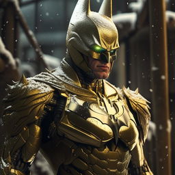 An award-winning, cinema-quality photograph featuring outstanding lighting. It portrays a model-esque, slender, gold-plated Batman in an intricate mecha suit, standing imposingly in a serene, snowfall scene