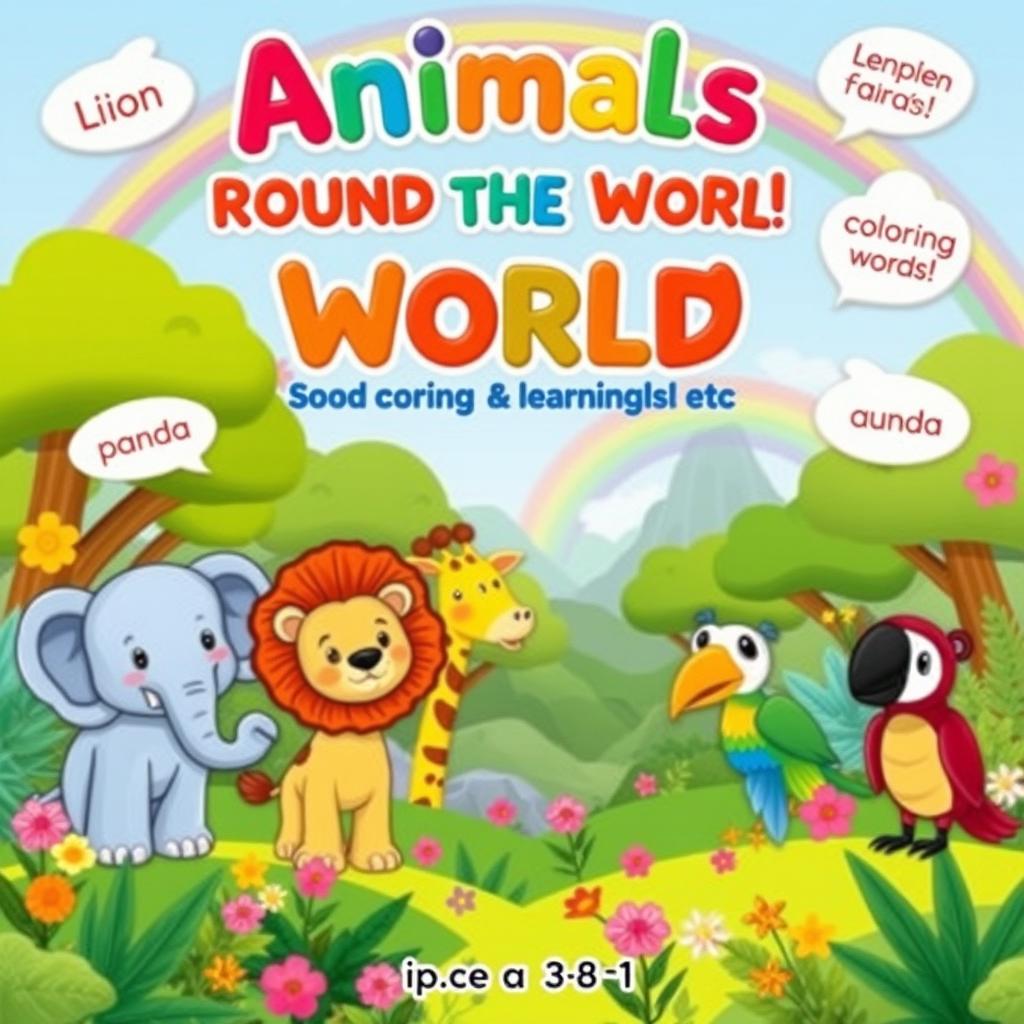 A colorful and engaging eBook cover for children titled 'Animals Around the World: Coloring and Learning English!'