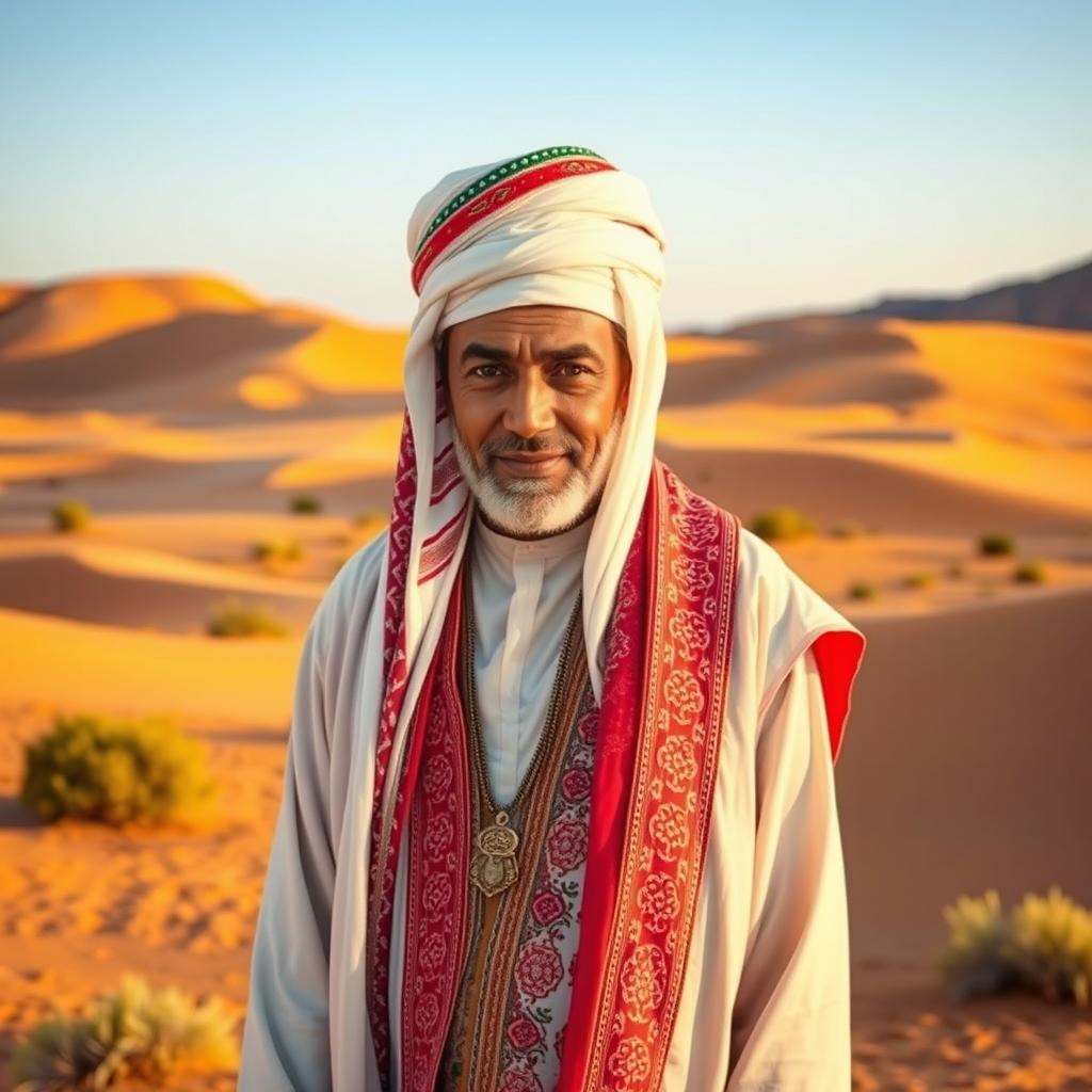 A fully dressed traditional Omani man in a colorful dishdasha and kumma with detailed embroidery, standing proudly in a lush desert landscape