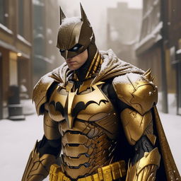 An award-winning, cinema-quality photograph featuring outstanding lighting. It portrays a model-esque, slender, gold-plated Batman in an intricate mecha suit, standing imposingly in a serene, snowfall scene