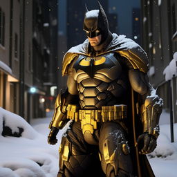 An award-winning, dramatic, night-time photograph showcasing outstanding lighting. Portrays a slender, gold-plated Batman in a detailed mecha suit, standing imposingly amidst a serene, snowfall scene.