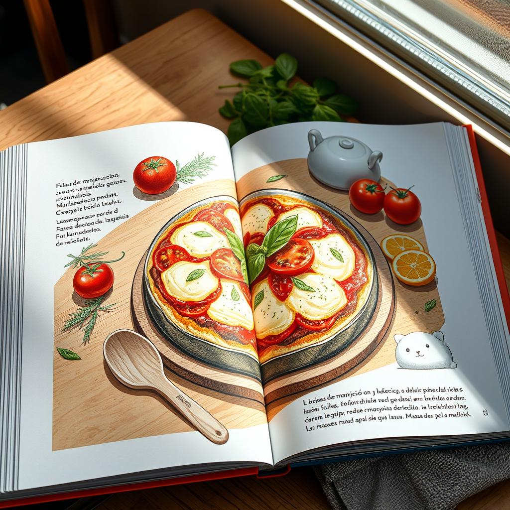 Um livro de receitas ricamente ilustrado em português, aberto em uma página, mostrando uma deliciosa receita de lasanha