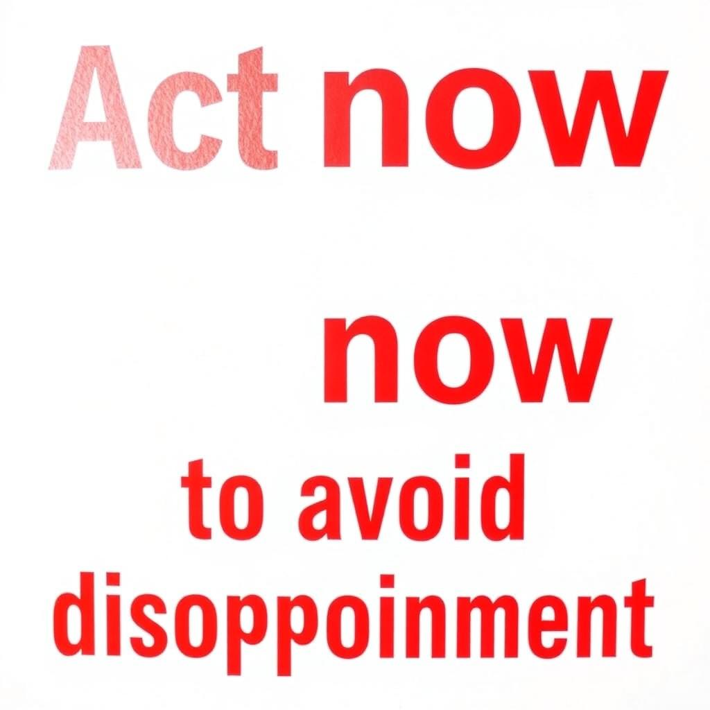 A visually striking graphic featuring bold red text that says 'Act now to avoid disappointment' prominently displayed