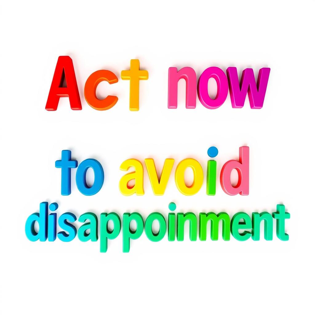 Colorful stylized text saying "Act now to avoid disappointment" arranged in an eye-catching, vibrant font, with each letter featuring a different bright color (like red, blue, yellow, green, and purple) to make it pop