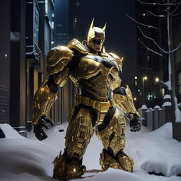 An award-winning, dramatic, night-time photograph showcasing outstanding lighting. Portrays a slender, gold-plated Batman in a detailed mecha suit, standing imposingly amidst a serene, snowfall scene.