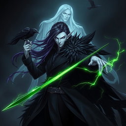 A Shadar-Kai male Dark Rogue striking a powerful pose, showcasing his ethereal appearance