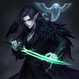 A Shadar-Kai male Dark Rogue striking a powerful pose, showcasing his ethereal appearance