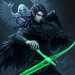 A Shadar-Kai male Dark Rogue striking a powerful pose, showcasing his ethereal appearance