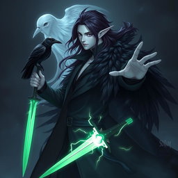 A Shadar-Kai male Dark Rogue striking a powerful pose, showcasing his ethereal appearance