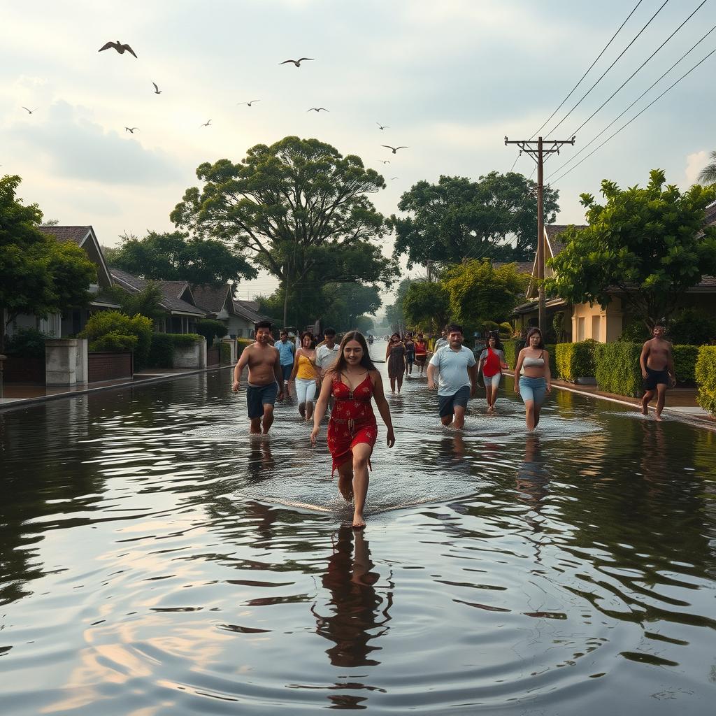 A serene street scene during a flood, where water covers the roads up to the knees, reflecting houses and trees mingling with the sunlight